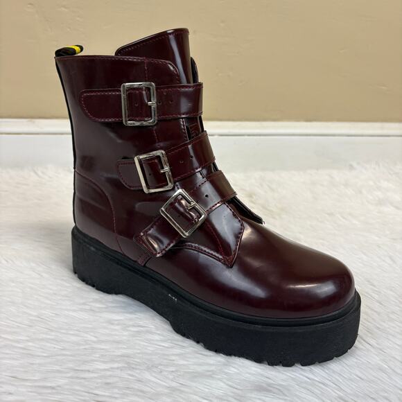 Yoki Vegan Leather Platform Buckle Boots Dark Red Size 10 - Picture 1 of 7